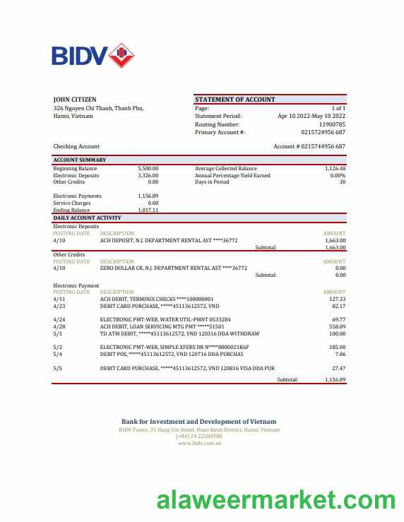 Vietnam BIDV bank statement, Excel and PDF template